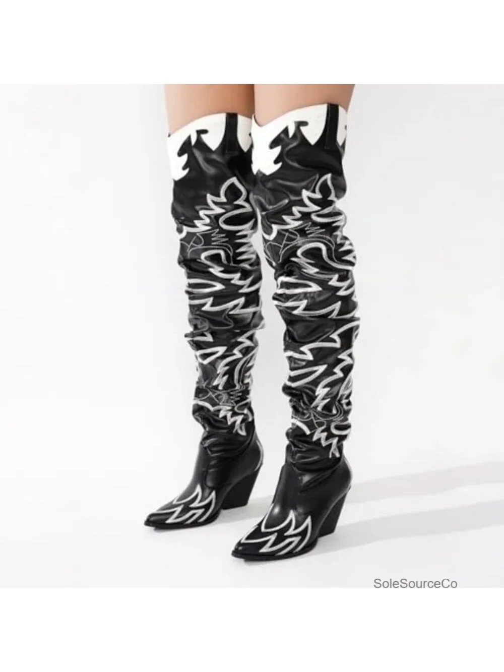 Women's Slouchy Pull-On Thigh High Boots Chunky Heel Pointed Toe Faux Leather